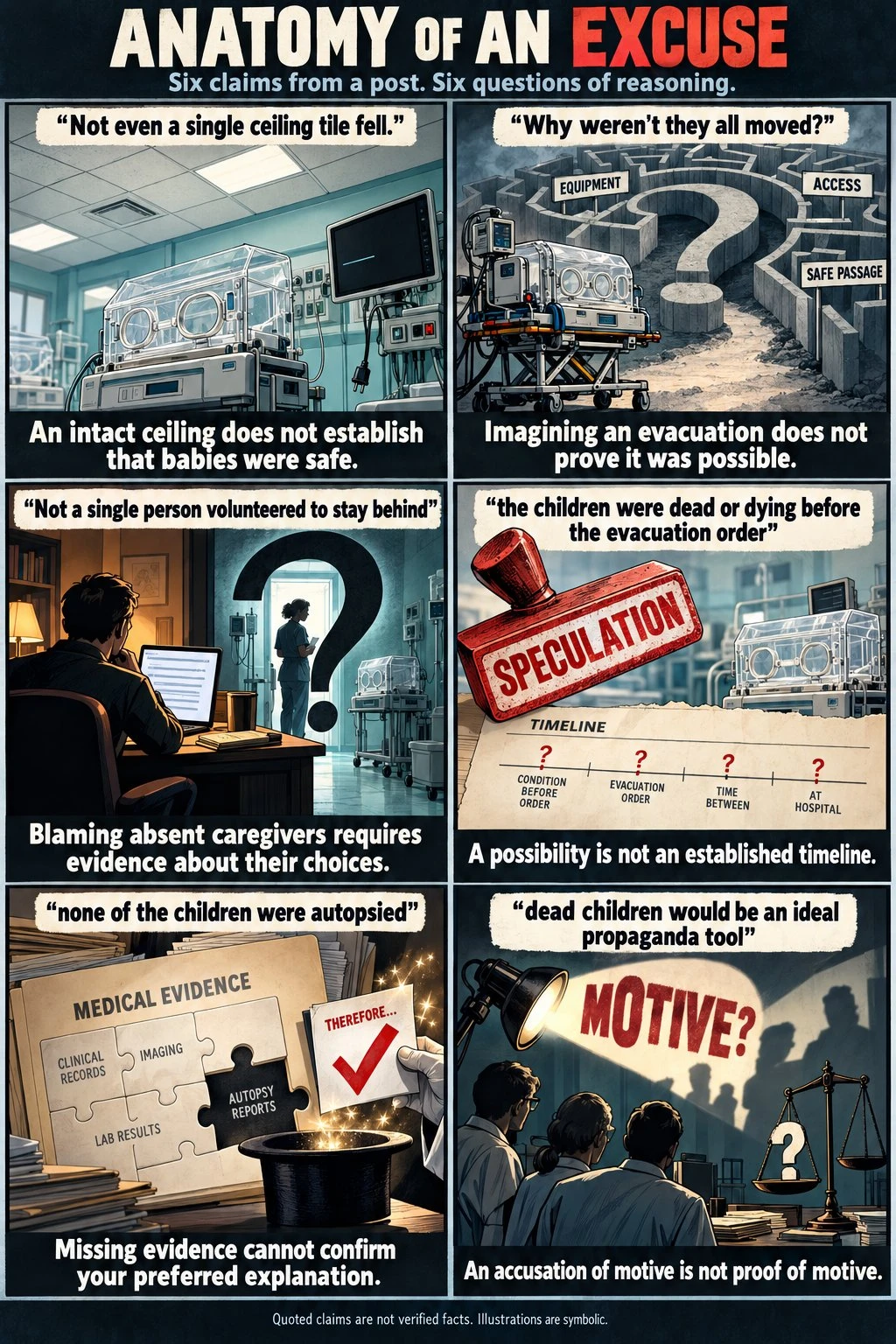 Anatomy of an Excuse: six denial claims about the al-Nasr babies, each answered with a question of reasoning — an intact ceiling does not establish the babies were safe; imagining an evacuation does not prove it was possible; blaming absent caregivers requires evidence; a possibility is not a timeline; missing autopsies cannot confirm a preferred explanation; an accusation of motive is not proof of motive.
